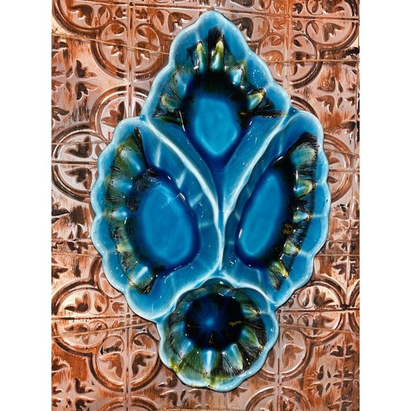 MCM California Pottery 4 Section Candy/Nut Dish Blues and Greens - Picture 1 of 5